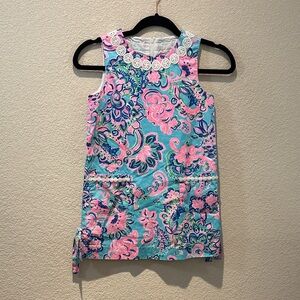 Lilly Pulitzer Aqua and Pink Floral Shift Dress with Crochet Trim Size 7